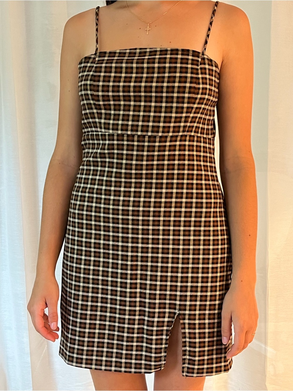 Simons Brown Plaid Mini Slip Dress with Front Slit